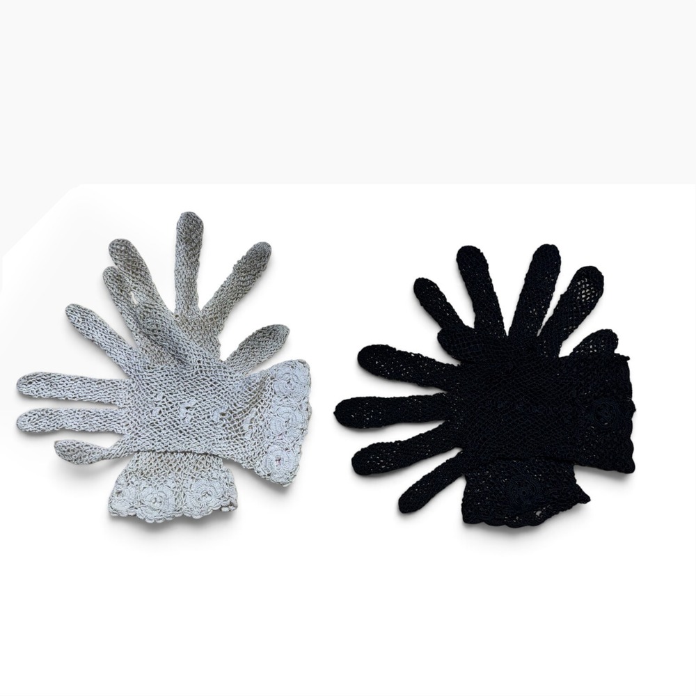 Vintage Crochet Lace Gloves Set 2 Pairs White Black Floral Scalloped Cuff Formal